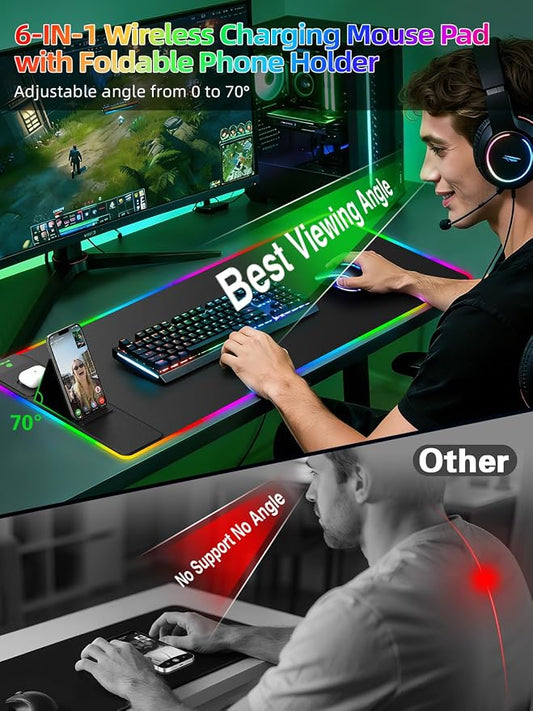 Mouse Pad with Wireless Charger Foldable Phone Holder, XXL RGB Gaming Mousepad 31.5"x15.8" Large Desk Mat for Keyboard, Black Desk Pad with Dual Qi Charging Station, 11 Colors 5 Modes