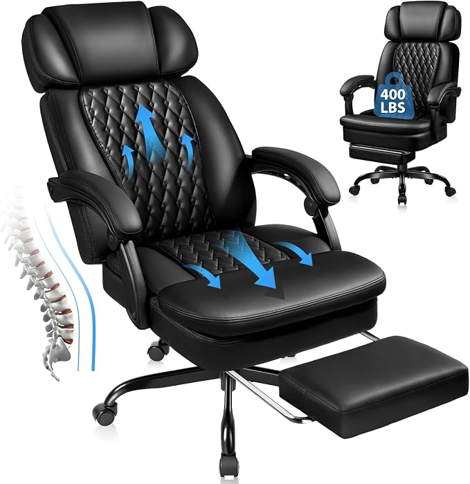 PRETZI Executive Office Chair 400LBS, Ergonomic Office Chair with Foot Rest, Heavy Duty Desk Chair for Home Office, Reclining High Back PU Leather Computer Chair Comfy, Black