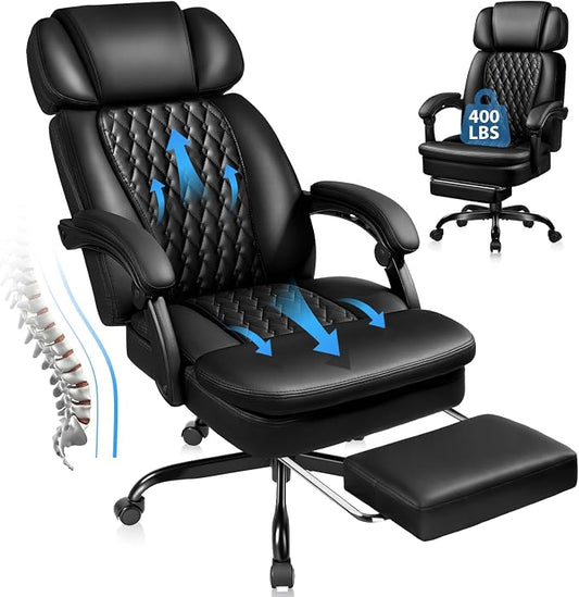 PRETZI Executive Office Chair 400LBS, Ergonomic Office Chair with Foot Rest, Heavy Duty Desk Chair for Home Office, Reclining High Back PU Leather Computer Chair Comfy, Black