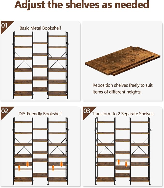 Furologee Triple Column 6 Tier Bookshelf, Large Bookcase with 17 Display Shelves, Wide Book Shelf with 6 Hooks, Adjustable Rustic Bookshelves Storage Organizer, Shelving Unit for Living Room, Office