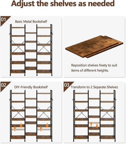 Furologee Triple Column 6 Tier Bookshelf, Large Bookcase with 17 Display Shelves, Wide Book Shelf with 6 Hooks, Adjustable Rustic Bookshelves Storage Organizer, Shelving Unit for Living Room, Office