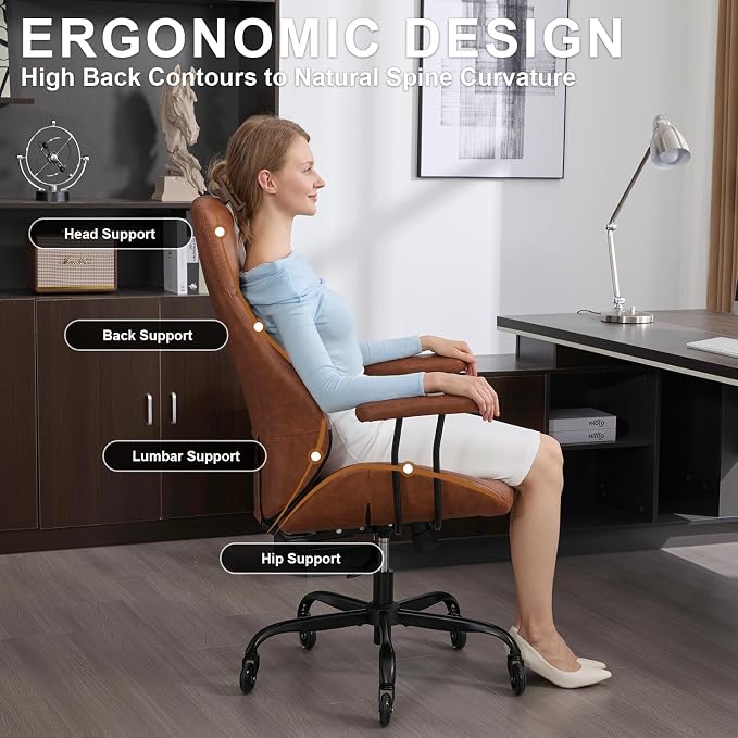 E-Motie Office Chair with Rubber Wheels, Ergonomic Computer Chair 500 lbs, Leather Desk Chair with Lumbar Support, Executive Chair Adjustable Height & Recline, Brown | Ergonomic, Lumbar Support, 360° Swivel & Rolling Wheels, Adjustable Height, for Adul...