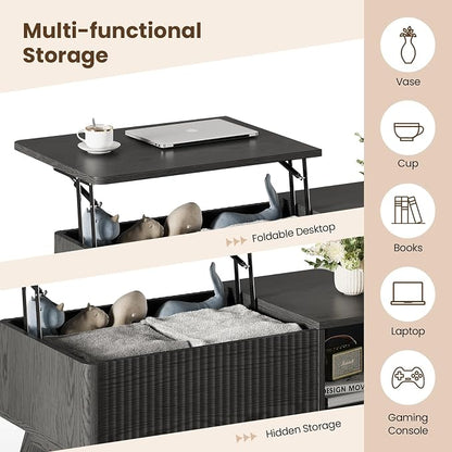 Wood Lift Top Coffee Table with Hidden Compartment and Large Storage Shelf, Lift Tabletop Dining Center Table for Home Living Room Office,Black