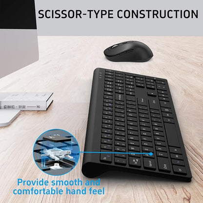 Full-Size Computer Keyboard with Calculator Button, 2400 Dpi Ergonomic Mouse, Ultra-Thin Cordless USB Keyboard and Mouse Set for Laptop Windows Mac - Black