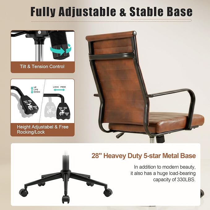 Okeysen Leather Office Desk Chair, Mid-Century Modern Leather Conference Room Chairs, Ergonomic Executive Ribbed Height Adjustable Swivel Rolling Chair for Home Office.