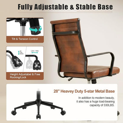 Okeysen Leather Office Desk Chair, Mid-Century Modern Leather Conference Room Chairs, Ergonomic Executive Ribbed Height Adjustable Swivel Rolling Chair for Home Office.