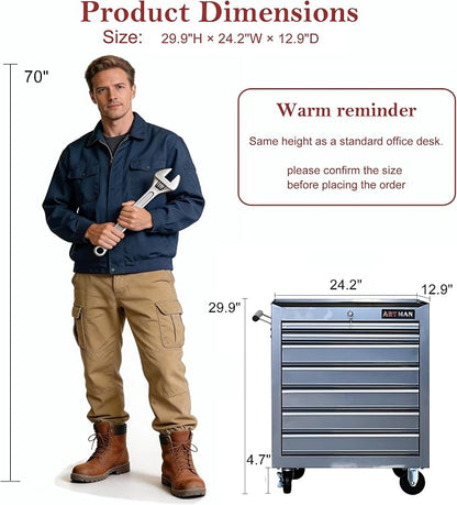 RYH 7 Drawers Rolling Tool Chest & Tool Box on Wheels | Heavy Duty Metal Cart with Ball Bearing Drawers | Fits US General Tool Box for Garage Storage (Silver, 7 Drawers（29.9" H × 24.2" W × 12.9" D)