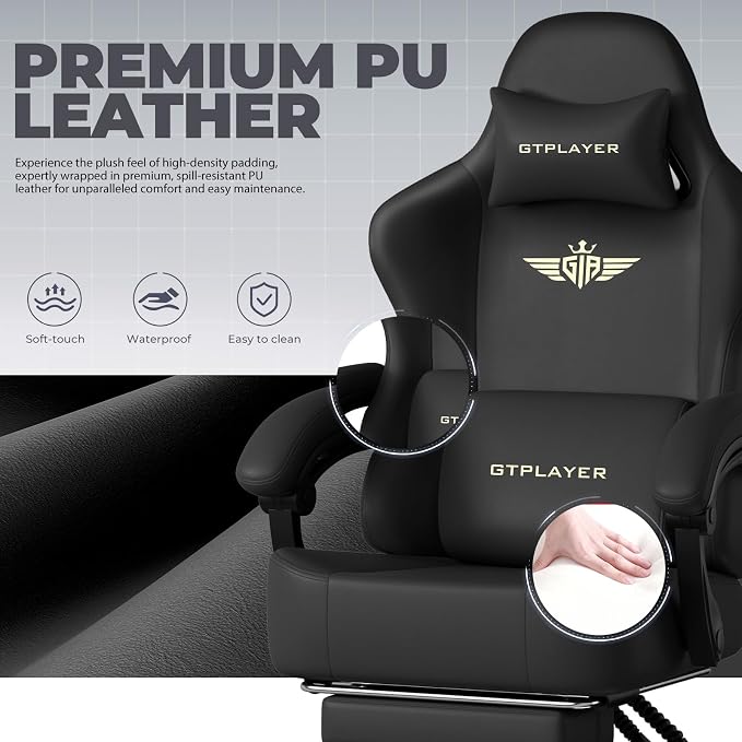 GTPLAYER Big and Tall Gaming Chair 400lbs Heavy Duty Office Chair with Footrest, High Back Pocket Spring Ergonomic Computer Chair for Adults, Wide Seated Cushion with Linkage Armrests, Leather Black