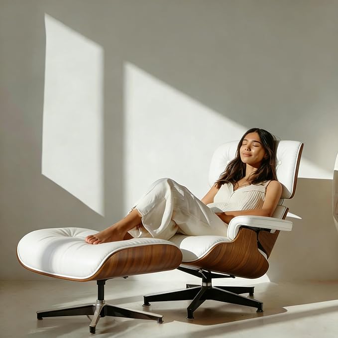 Top White Grain Leather Accent Chair,Mid Century Lounge Chair with Ottoman Chase Lounge Chair Indoor, Modern Chair Classic Design,Heavy Duty Base Support for Living Room Office Walnut White