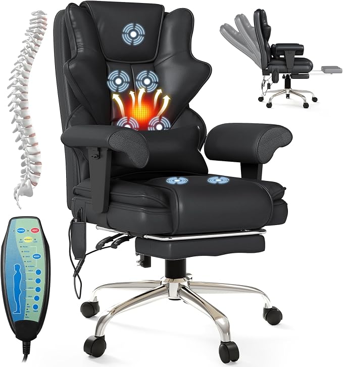 7-Point Massage Office Chair,Heated Desk Manageral Chair,Ergonomic Executive Chair with Footrest,Adjustable Armrest，Computer Chair for Offices, Study Room, Gaming Spaces,Black