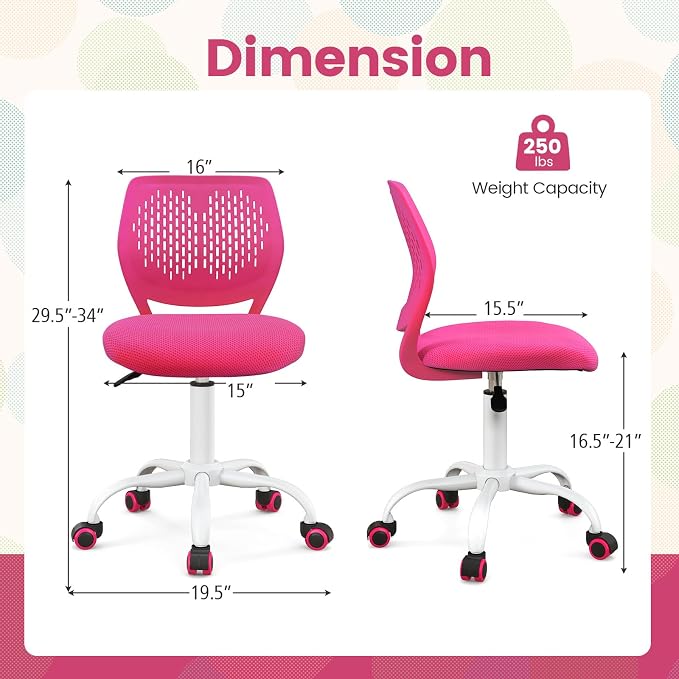 POWERSTONE Small Home Office Desk Chair, Swivel Rolling Study Computer Chair, Adjustable Height Task Chair with Armless Mid Back, Upholstered Mesh Seat, Rose