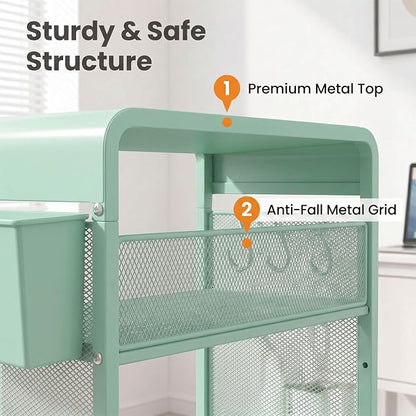 ECOLOVI 3 Tier Printer Stand for Under Desk, Height Adjustable Shelf Small Printer Table with 3 S-Hooks & Basket, Heavy Duty Industrial Storage Shelf for Home Office (Green Metal)