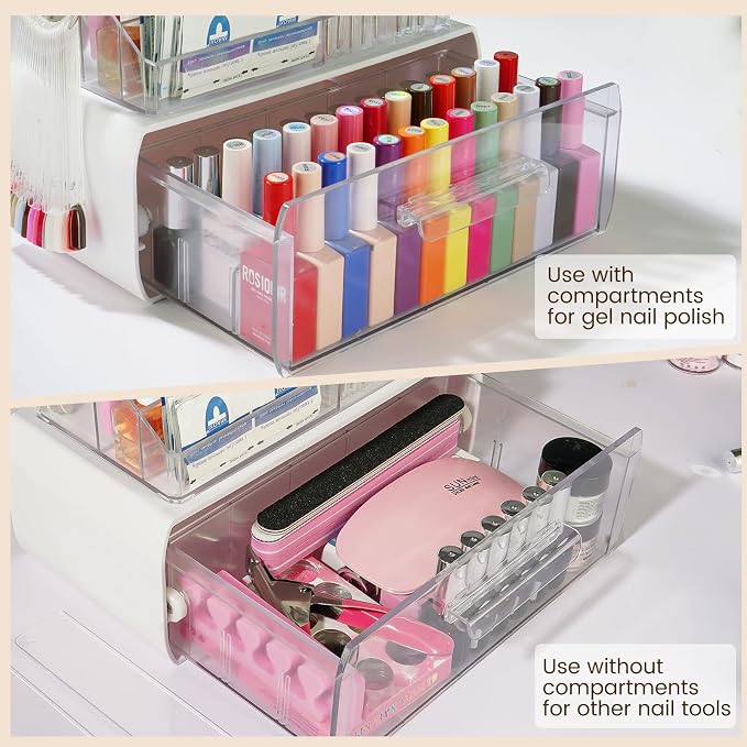 Wilfniee 2-Tier Nail Tech Desk Organizer with Drawer for Polish, Brushes, Drill Bits