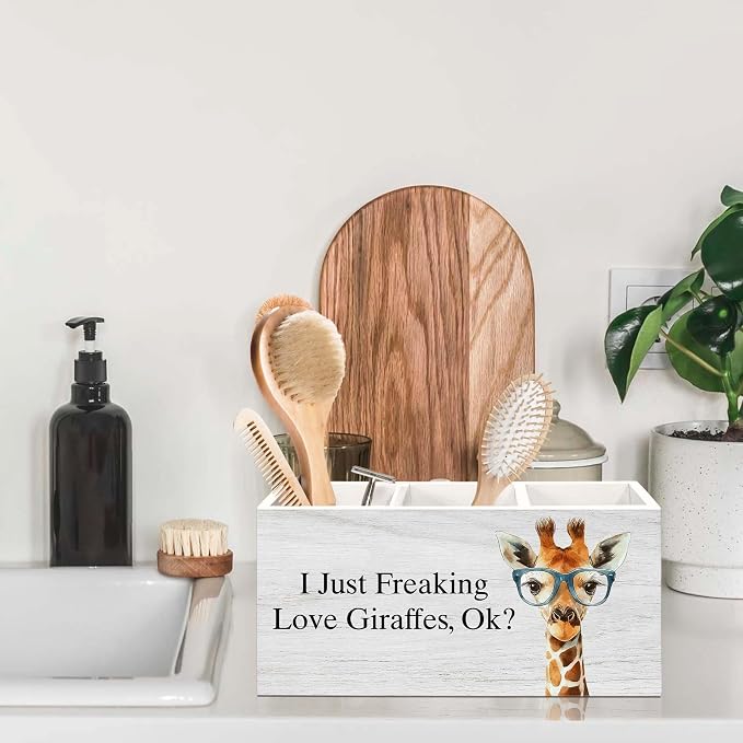 Giraffe Gifts Pen Holder for Desk, Funny Cute Wild Animal Pencil Organizer, Giraffe Gifts for Women, I Just Freaking Love Giraffes Wooden Pen Holder Desk Accessories Decor for Home Office