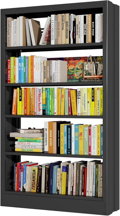 71" Metal Bookshelf, 5 Tier Library Bookcase with Adjustable Shelves, Heavy Duty Bookshelves and Bookcases, Modern Book Shelf Tall Book Case for Living Room, Office (Black, 37.4" Wide)