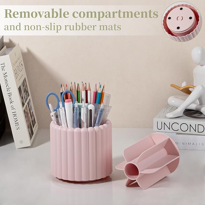 Anyoifax 360° Rotating Pen Holder 7 Slots Desk Organizer Removable Pencil Cup Plastic Art Supplies and Accessories Desktop Storage Box Caddy for Office, School, Home (Pink)