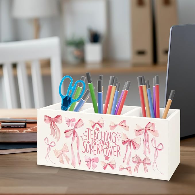Teacher Appreciation Gifts Wooden Pen Pencil Holder for Office Desk, Back to School Gifts for Teacher, Coquette Pink Preppy Teaching is My Superpower Makeup Brush Toothbrush Holder Organizer