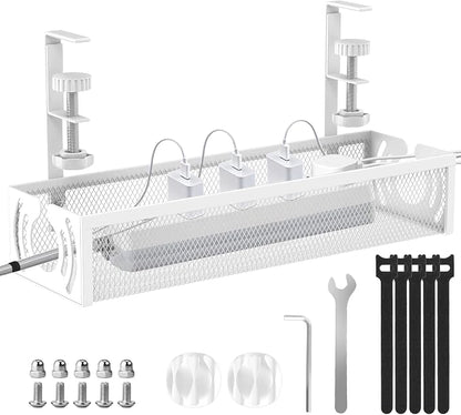 Cable Management, 15'' Under Desk Cable Management Tray No Drill, Metal Cable Organizer with Clamp for Wire Management, Cord Organizer for Home Office, Desk Accessories Organizer, White