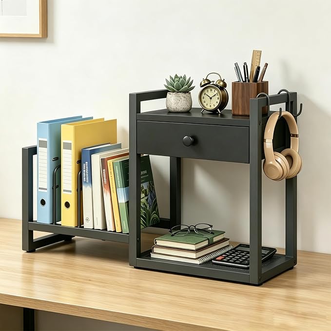 MAHANCRIS Desktop Shelf Organizer, 2-Tier Wooden Desk Bookshelf, Small Tabletop Book Shelf with Draw and Hooks, Countertop Storage Rack for Home, Office, Dorm, Black POBK2201