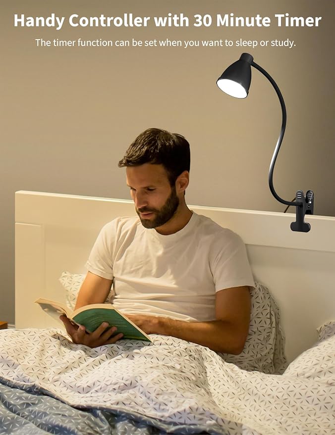 BOHON Desk Lamp 5 Color Modes 10 Brightness Dimmer Reading Light Black | 10W 38 LED Clamp Lamp with Auto Off Timer 360° Flexible Neck Clip on Light for Bed Bedside, AC Adapter Include