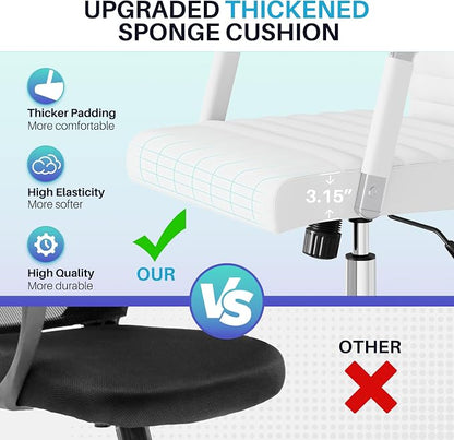 Shahoo Ribbed Office Chair, High-Back PU Leather Office Chair Executive Task Chair with 360° Swivel Wheels for Conference Room, Home Offices (White)