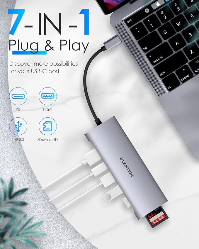 LENTION 7-in-1 USB C Multiport Hub with 4K HDMI, 100W PD, 3 USB 3.0 Ports, SD/MicroSD Card Reader Compatible MacBook Pro/Air/Neo 2016-2026 Stable Driver Adapter (C36B, Space Gray)
