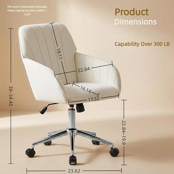 Velvet Home Office Desk Chair, Modern Cute Computer Task Chair with Back, Height Adjustable Upholstered Vanity Chair with Swivel Wheels for Women, Girls (Silver Base, Cream