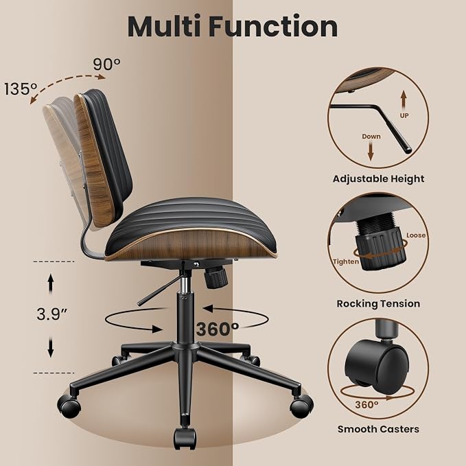 YaFiti Armless Office Chair, Mid Century Modern Desk Chair with Walnut Wood Back & SGS Level 3 Gas Lift, Swivel PU Leather Computer Chair for Small Space, Home Office, Bedroom, 300lbs Cap, Black