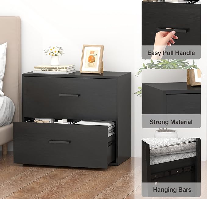 Lateral File Cabinet, Wood 2 Drawer File Cabinet with Hanging Bars for Letters, Black Horizontal File Cabinets for Home Office, Black