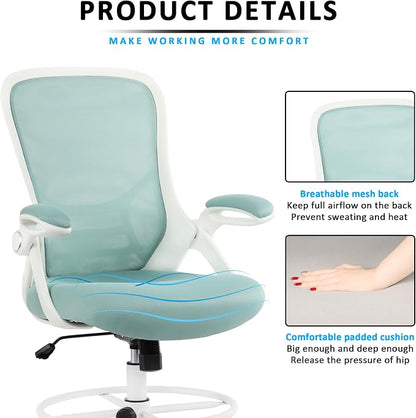 HYLONE Drafting Chair Tiffany Blue, Tall Office Chair Standing Desk Stool with Adjustable Height, Foot Ring, Flip-Up Arms, Mesh High-Back Office Chair, White