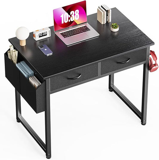 32" Small Gaming Desk with Drawers, Home Office Computer Writing Study Table with Storage Side Bag, Headphone Hook, and Adjustable Feet for Bedroom, Black