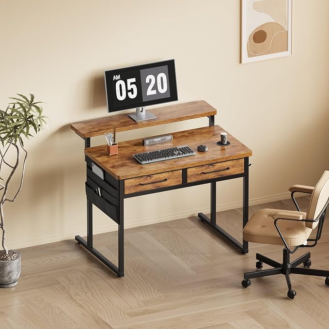 Maihail Small Desk with Drawers, 31.5X15.8-22.9 Inches Office Computer Desk with Side Pocket & Ergonomic Monitor Stand, Writing Table for Small Spaces, Bedroom, Kids Desk, Vanity Desk, Rustic Brown