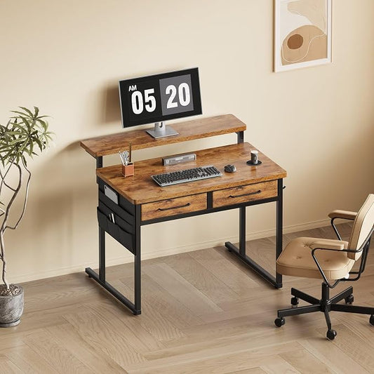 Maihail Small Desk with Drawers, 31.5X15.8-22.9 Inches Office Computer Desk with Side Pocket & Ergonomic Monitor Stand, Writing Table for Small Spaces, Bedroom, Kids Desk, Vanity Desk, Rustic Brown