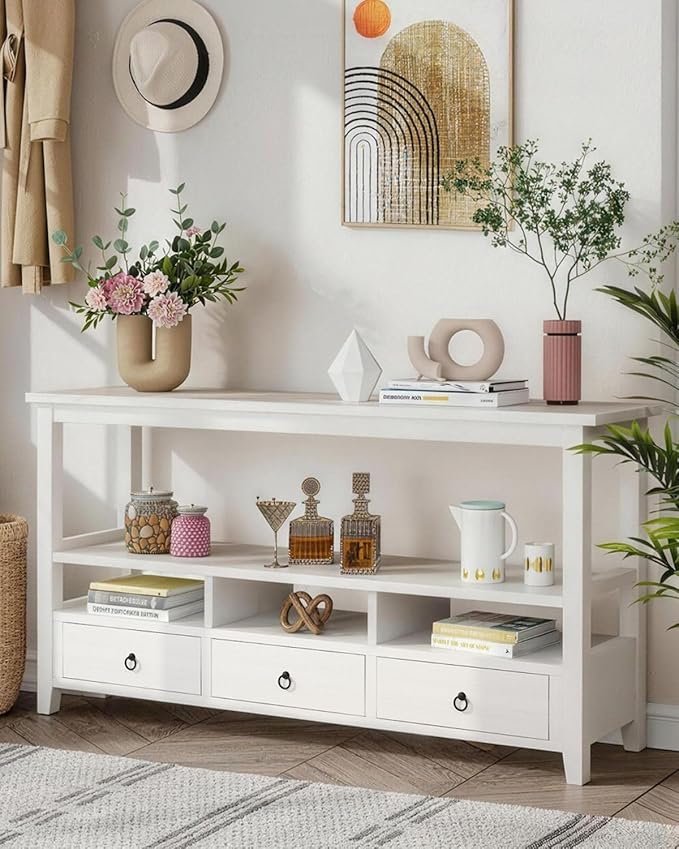Karl home Console Table with 3 Bottom Drawers, 57.9" W Sofa Side Table Entryway Desk with 3 Storage Cubbies 1 Open Shelf, Vintage TV Stand for Hallway Living Room Office, White 29.9" H