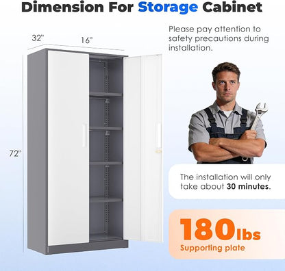 INTERGREAT Storage Cabinet with Doors and Shelves, Metal Garage Storage Cabinets with Lock, Black Lockable Steel Supply Cabinet for Home Office, Warehouse (Grey White)