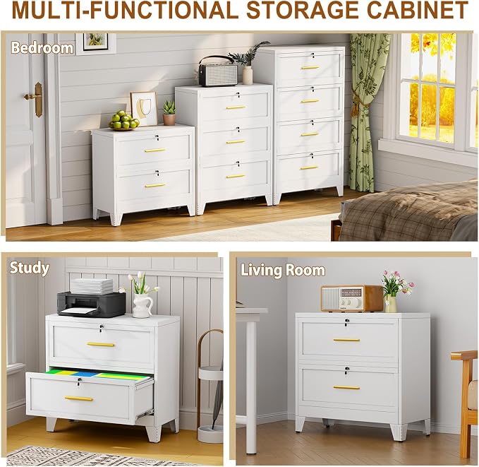 Metal Lateral File Cabinet with Lock,2 Drawer Steel Wide Filing Organization Storage Cabinets for Legal/Letter/A4/F4 Size with Hanging Files&Key,Lockable Printer Stand for Home Office, White