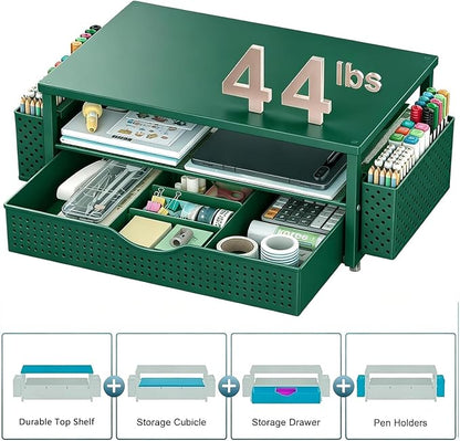Spacrea Desk Organizer and Accessories, Computer Monitor Stand Riser with Drawer and 2 Pen Holders, Office Desk Accessories & Workspace Organizers for Office Supplies (Dark Green)