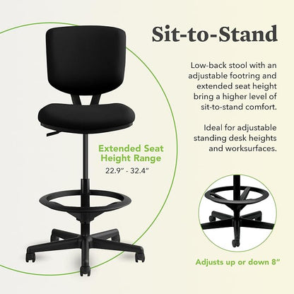 HON Volt Standing Desk Chair with Footring, Armless Ergonomic Task Stool with Center‑Tilt Recline, Adjustable Height Seating for Computers, Desks, and Sit‑Stand Workstations, Black