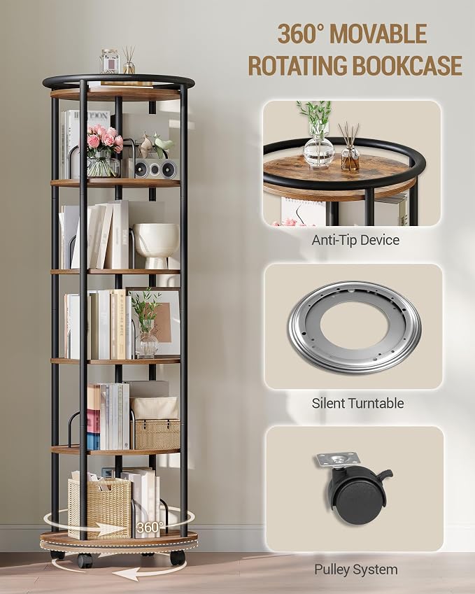 Hzuaneri Rotating Bookshelf, 360° Spinning Bookshelf Tower, Display Revolving Bookcase, Round Book Shelf, Narrow Swivel Bookshelves for Small Space, Bedroom, Living Room, 6-Tier Rustic Brown, BC52101B