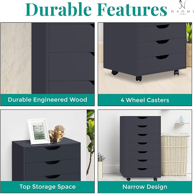 Naomi Home Debbie Office File Cabinet with 7 Drawers, Rolling Storage Organizer for Home Office & Workspace