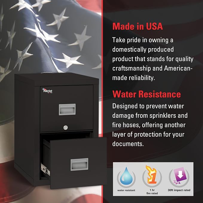 FireKing Patriot Vertical 2 Drawer Legal and Letter Fire Safe File Cabinet with Key Lock, 1 Hour Fire Rated, UL Rated & Water Resistant Home Safe, Made in The USA, Black
