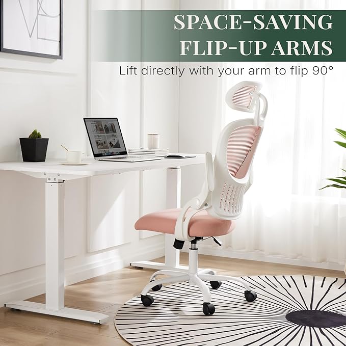 Ergonomic Office Chair, Comfy Desk Chair with Wheels, Adjustable Headrests, Flip-Up Armrests, Breathable Mesh High-Back, Comfortable Swivel Seating for Home Computer, Pink