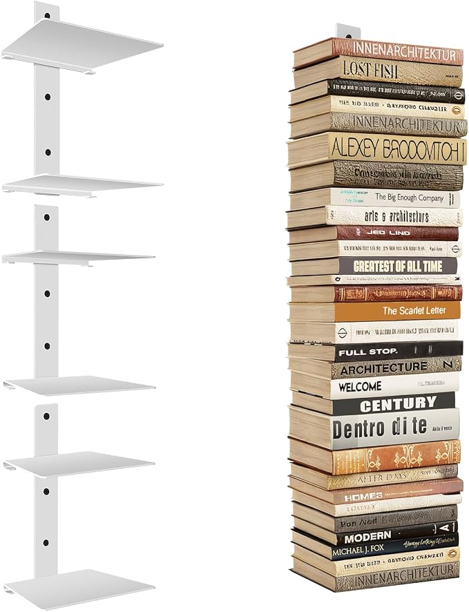 Professional Invisible Floating Book Shelves for Wall, 6 Tier Vertical Spine Book Tower Hanging Bookshelves, Wall Mounted & Space Saving, Heavy Duty Metal Book Organizer for Home Office, 3 Pack White