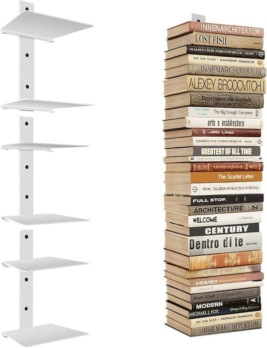 Professional Invisible Floating Book Shelves for Wall, 6 Tier Vertical Spine Book Tower Hanging Bookshelves, Wall Mounted & Space Saving, Heavy Duty Metal Book Organizer for Home Office, 3 Pack White