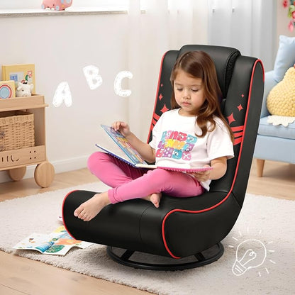 GTPLAYER Floor Gaming Chair Foldable Swivel Floor Chairs for Kids Boys Comfy Video Game Seat with 360° Multipurpose for Gamers, Bedroom or Game Room (Black-Red)