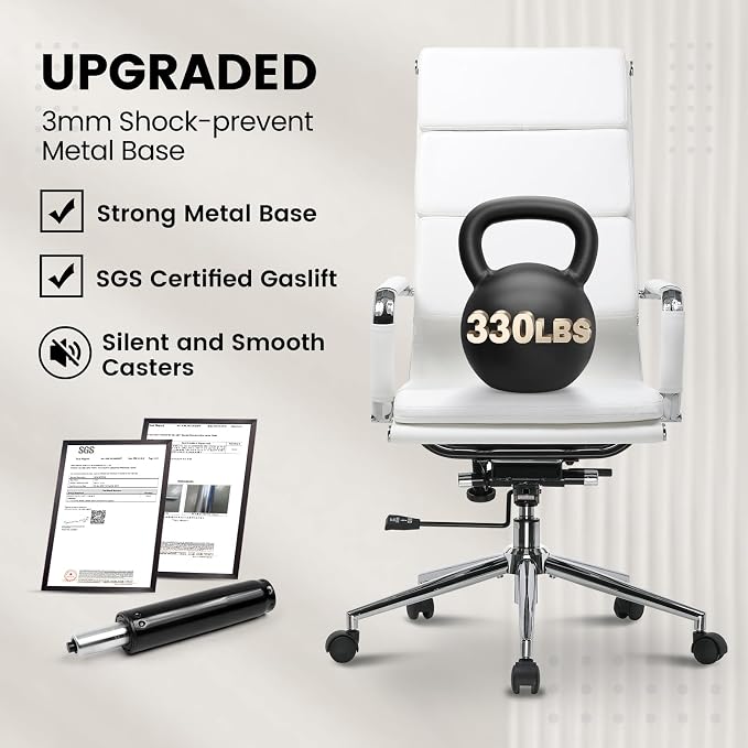 GTPOFFICE Ribbed Office Desk Chair High Back Ergonomic Chair with Wheels Cute Modern Executive Chair Bonded Leather Lumbar Support Computer Chair Swivel Tilt, Snow White