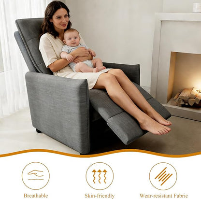 Recliner Chair for Women, Small Recliners for Small Spaces with High Back, Manual Push Back Nursery Chair Overstuffed High-Density Foam for Nursing Bedroom Living Room (Grey)