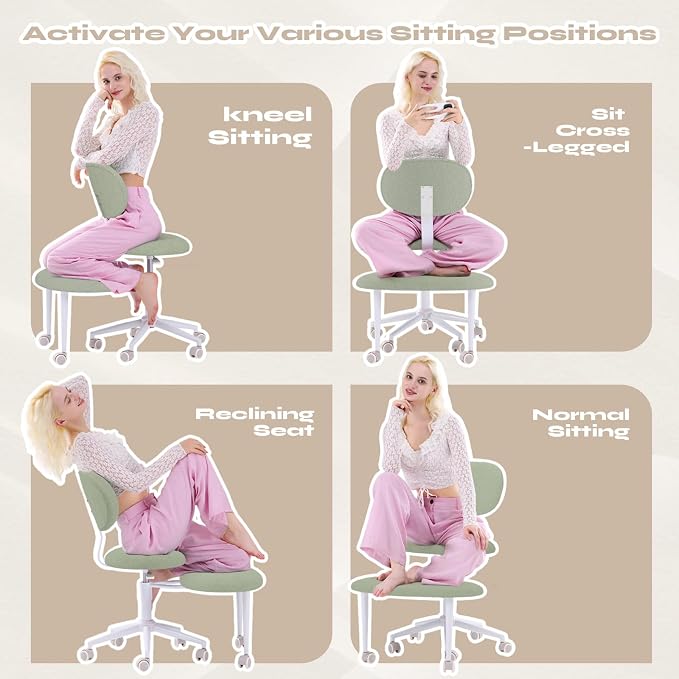Pinmoco Ergonomic Cross Legged Office Chair with Wheels, ADHD Chair for Adults, Meditation Chair, Yoga Office Chair, Comfortable Back Support, Height Adjustable,Small Spaces, Teddy Fabric, Green
