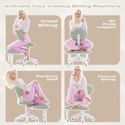 Pinmoco Ergonomic Cross Legged Office Chair with Wheels, ADHD Chair for Adults, Meditation Chair, Yoga Office Chair, Comfortable Back Support, Height Adjustable,Small Spaces, Teddy Fabric, Green
