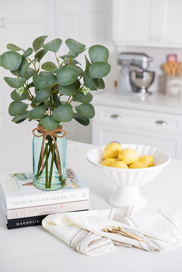 Briful Artificial Eucalyptus Stems in Blue Glass Vase with Faux Water, 14" Fake Plant Eucalyptus Leaves for Home Farmhouse Wedding Centerpiece Bathroom Décor
